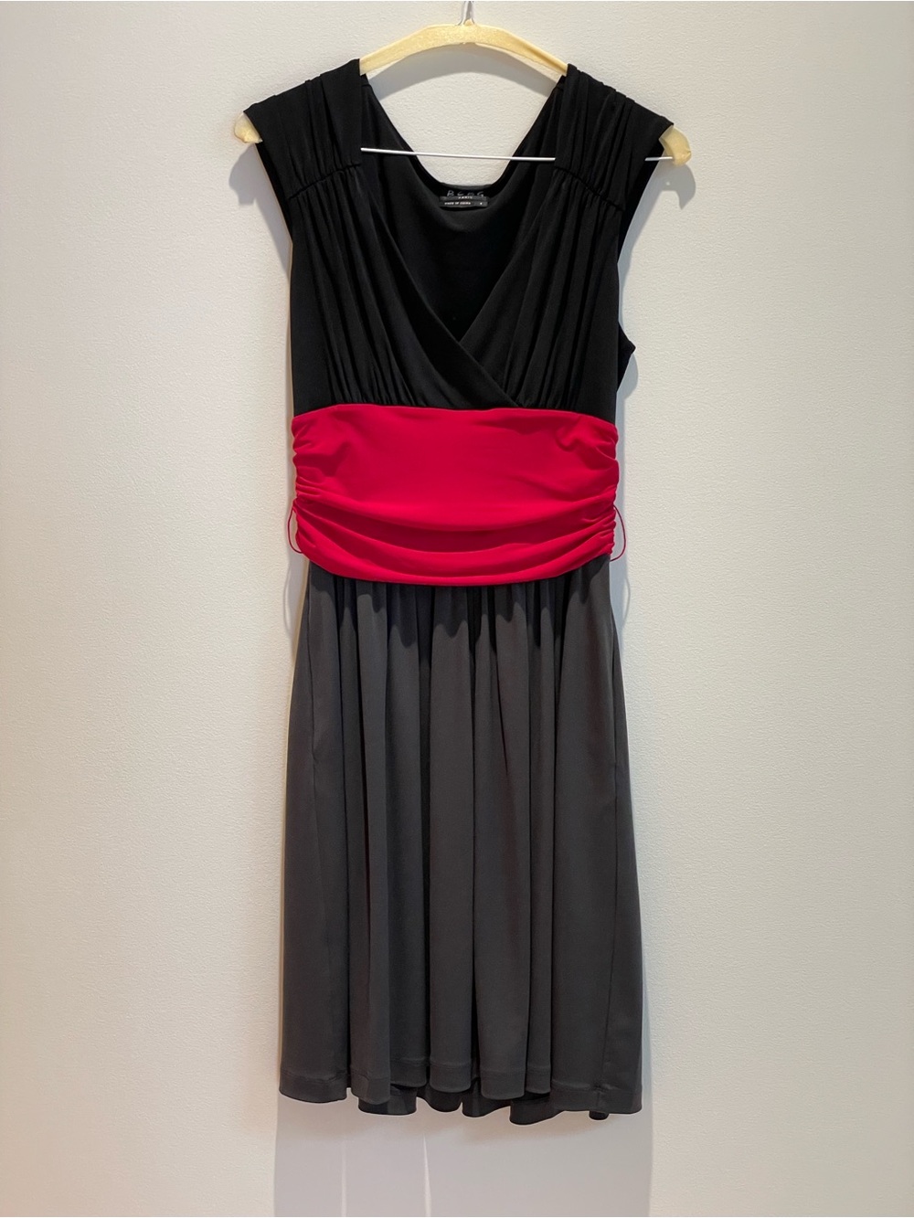 BCBG Black and Charcoal Midi Dress with Red Sash - Picture 3 of 5